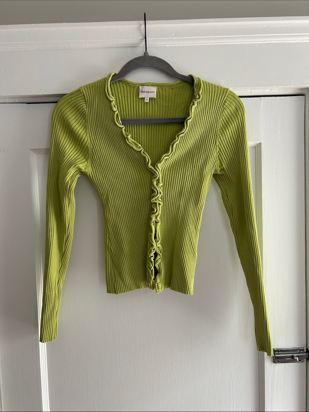 Find Me Now Lime green ruffle-edge ribbed cardigan